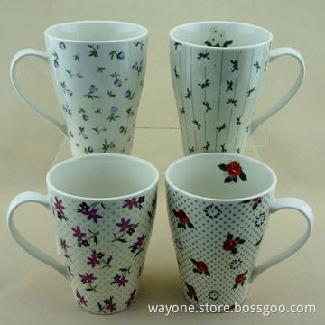Earthware Mugs with Flower Motif and Fashion Shape, Made of New Bone China /Porcelain, Inside Decal